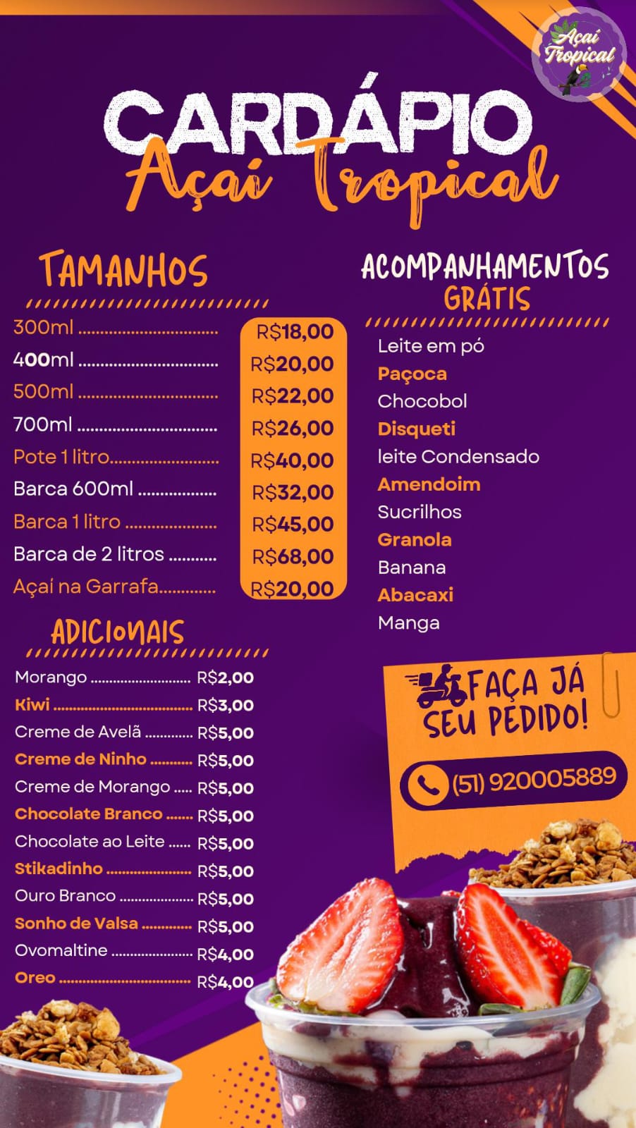 Imagem do cardápio do Açaí Tropical